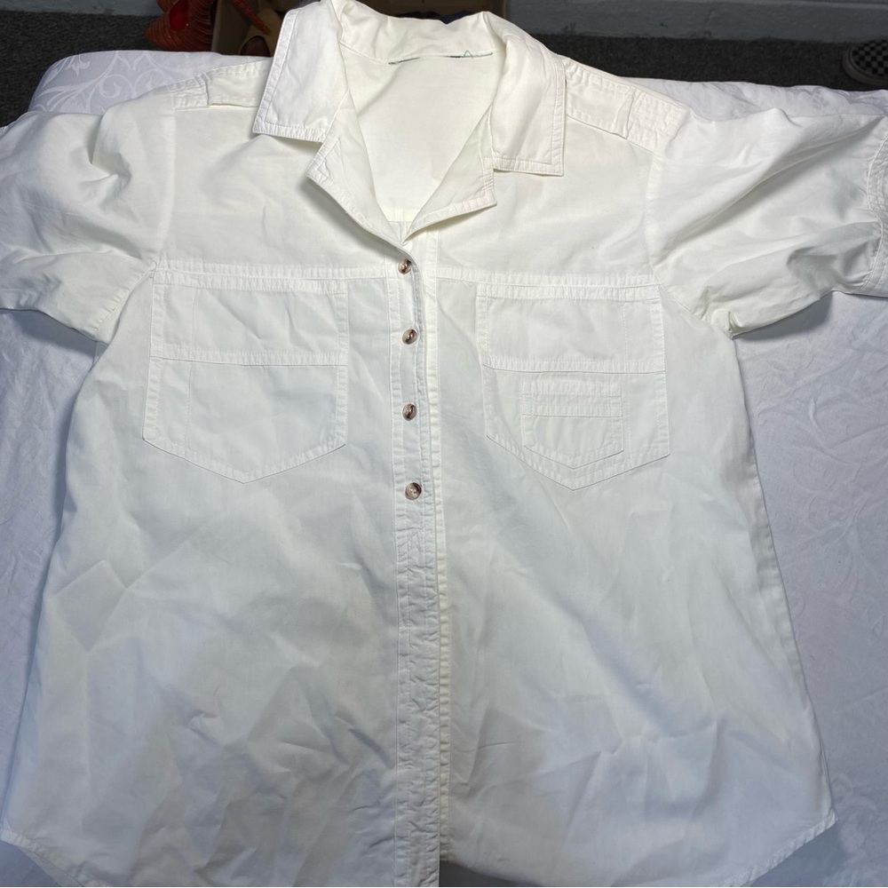 Designer Button Up Casual Cargo Dress Shirt White Short Sleeve No Show Buttons - Picture 7 of 12